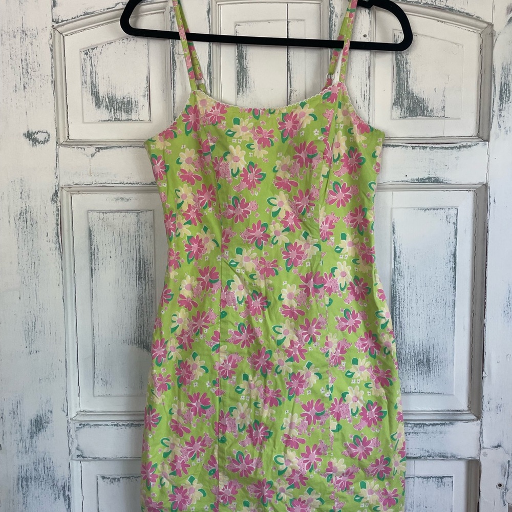 Lilly Pulitzer Lime Green Floral Dress with Pink & Teal Blooms